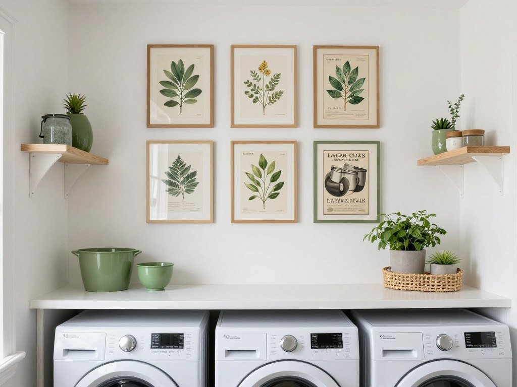 laundry room wall decorated with framed botanical prints
