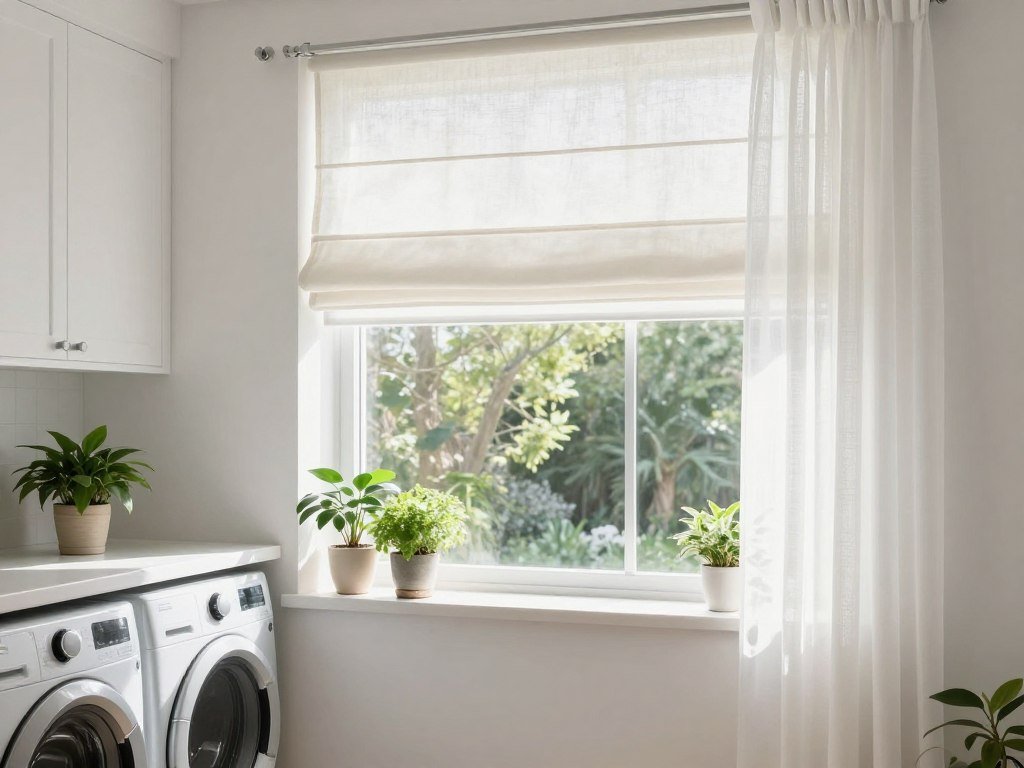 laundry room window with roman shade and sheer curtains