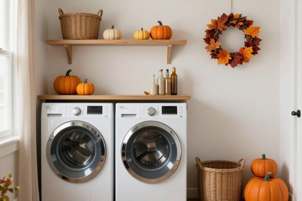laundry room with autumn seasonal decorations