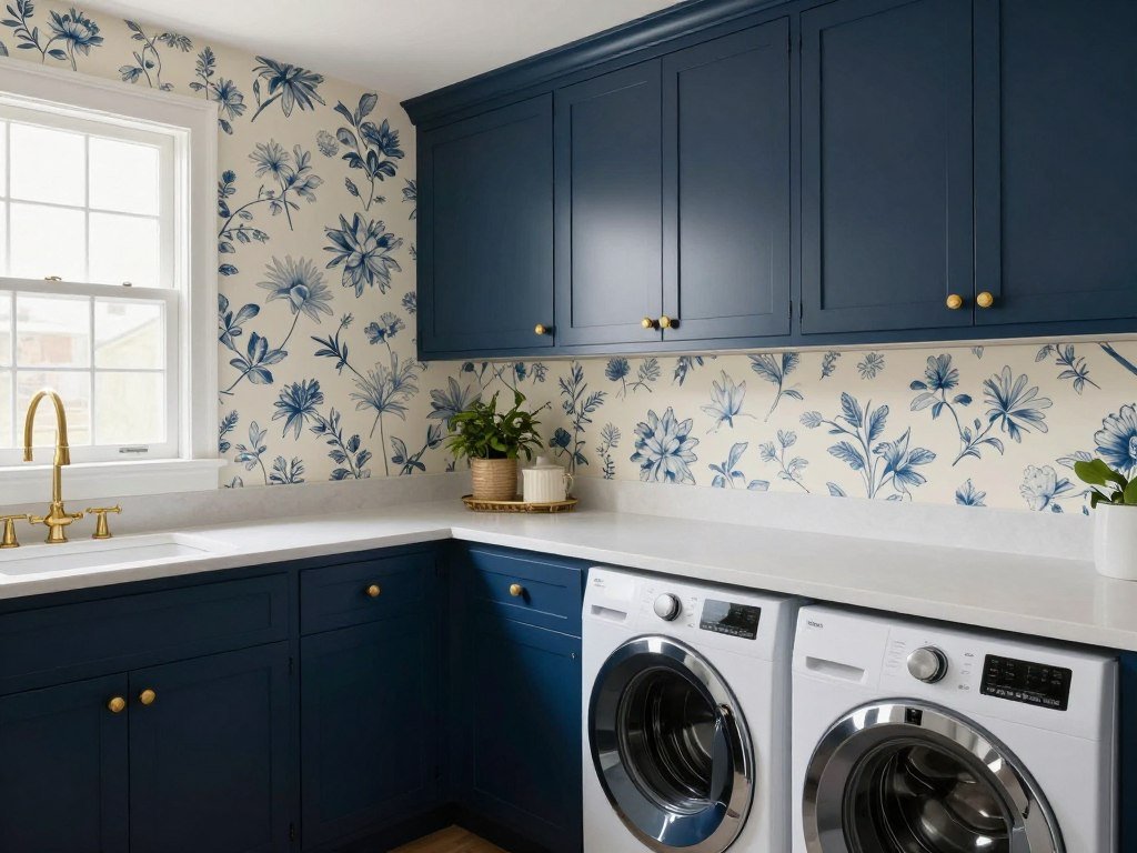 laundry room with blue shaker cabinets and coordinating wallpaper