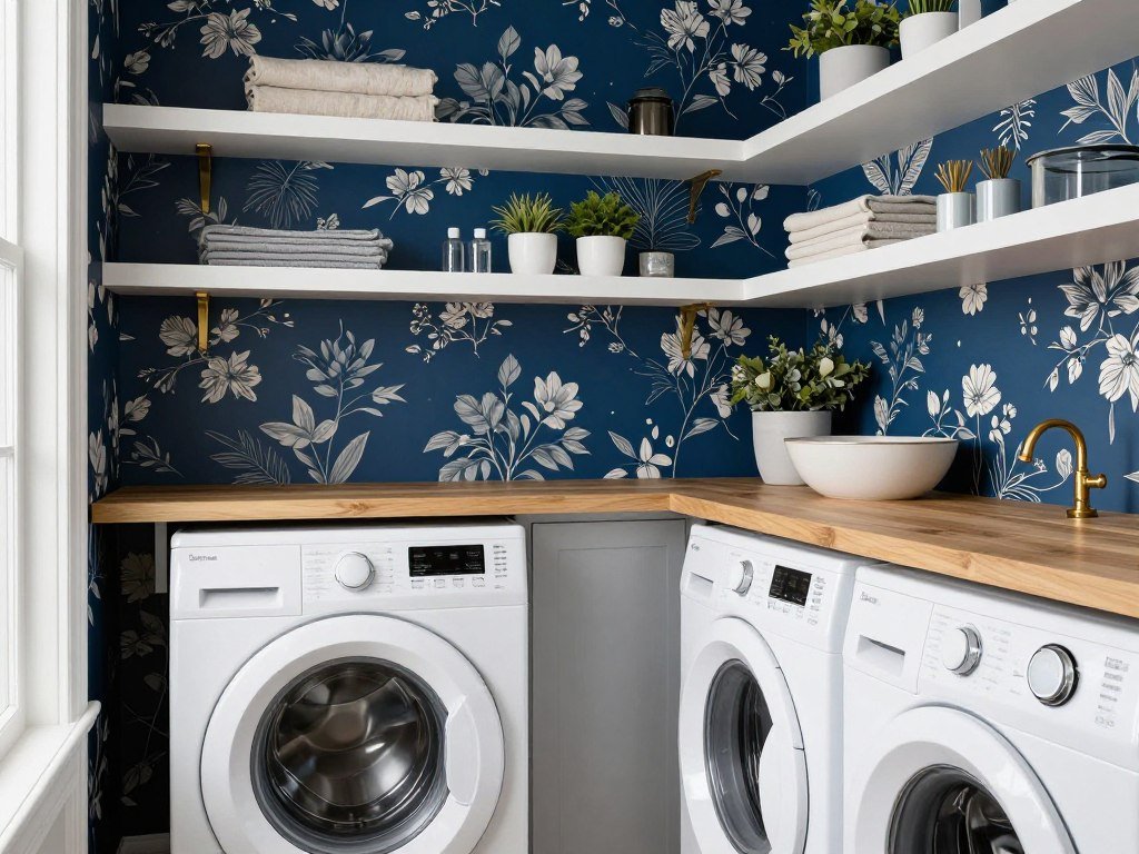 laundry room with bold floral wallpaper accent wall behind washer and dryer