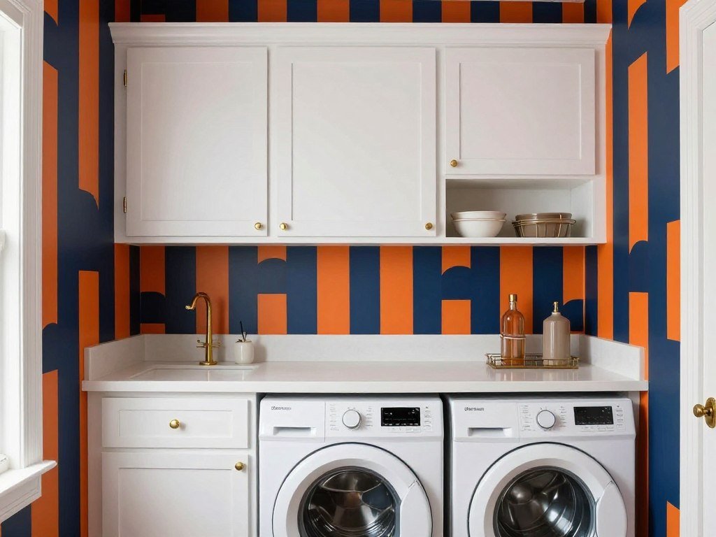 laundry room with bold graphic print wallpaper behind white cabinets