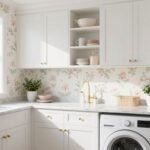 laundry room with delicate floral wallpaper in soft pink and green tones
