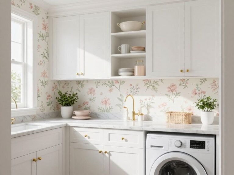 laundry room with delicate floral wallpaper in soft pink and green tones