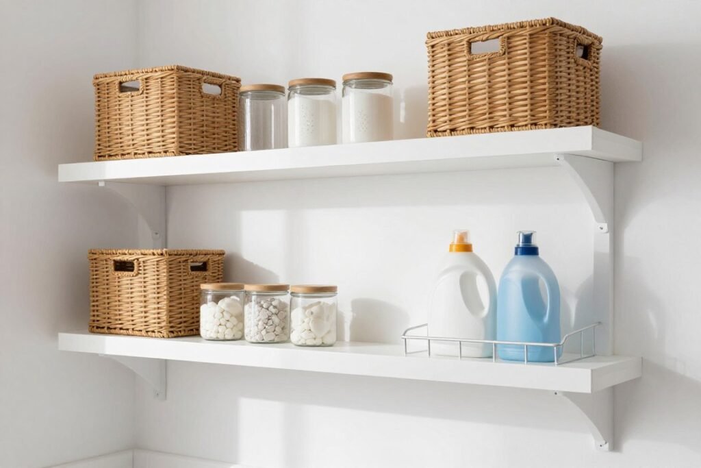 laundry room with floating shelves and wall-mounted storage