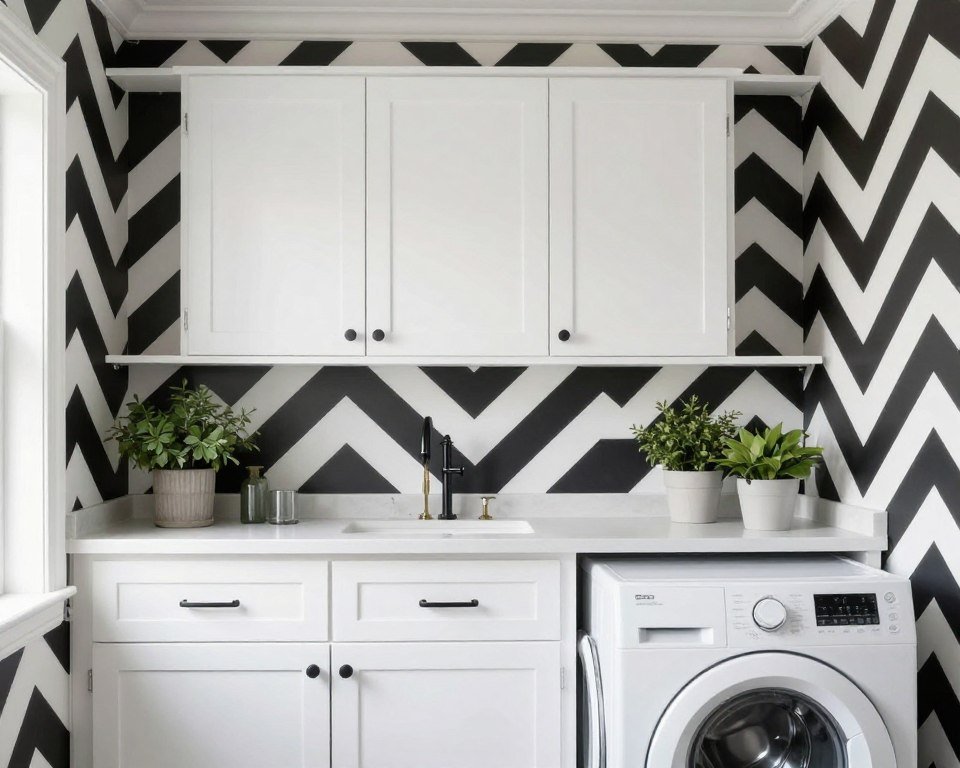 laundry room with geometric wallpaper and white cabinets laundry room with geometric wallpaper and white cabinets