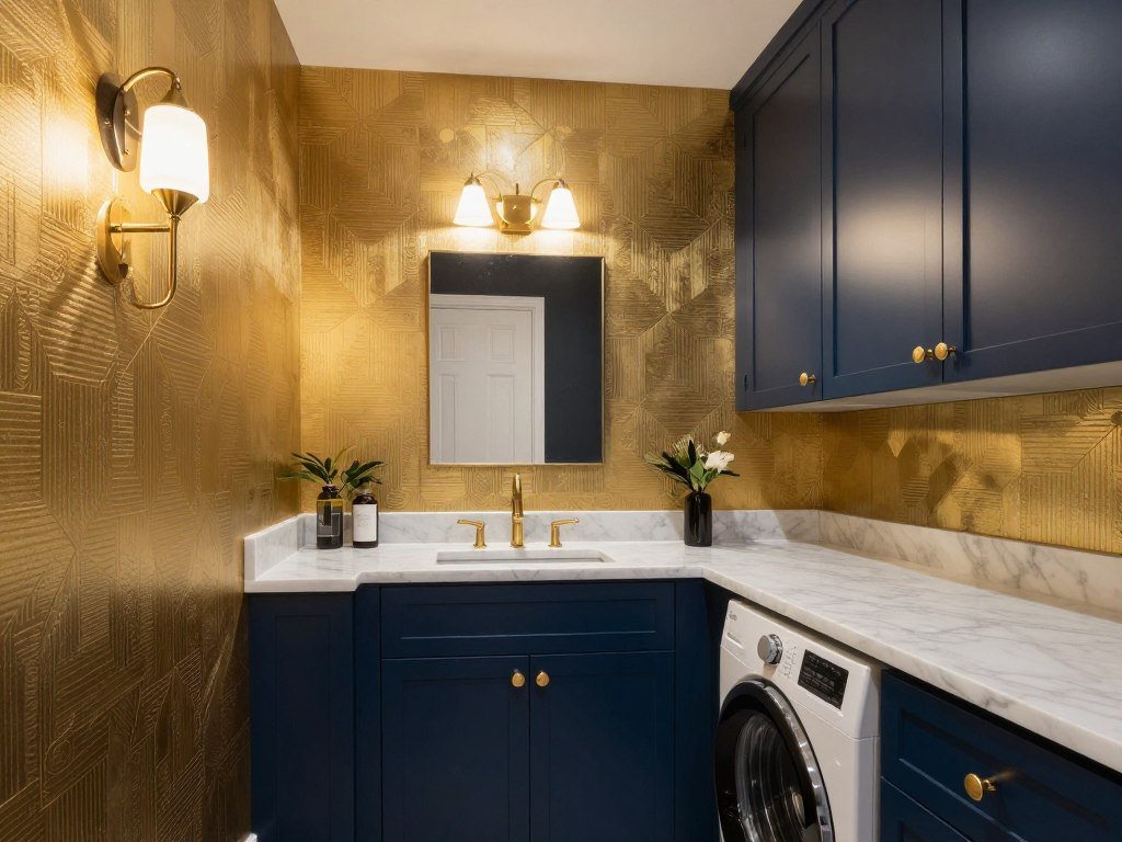 laundry room with metallic gold geometric wallpaper pattern