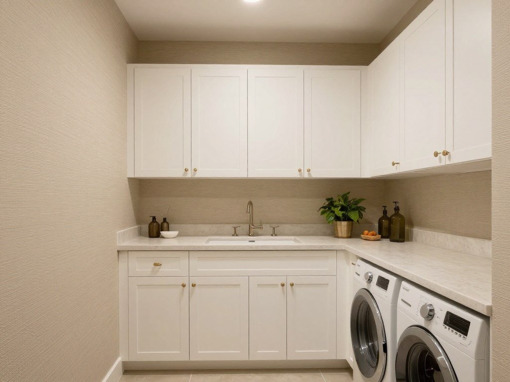 laundry room with natural grasscloth textured wallpaper