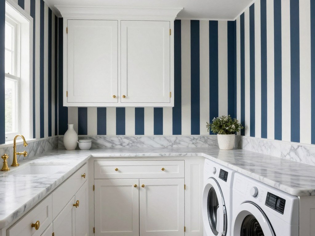 laundry room with navy and white vertical stripe wallpaper