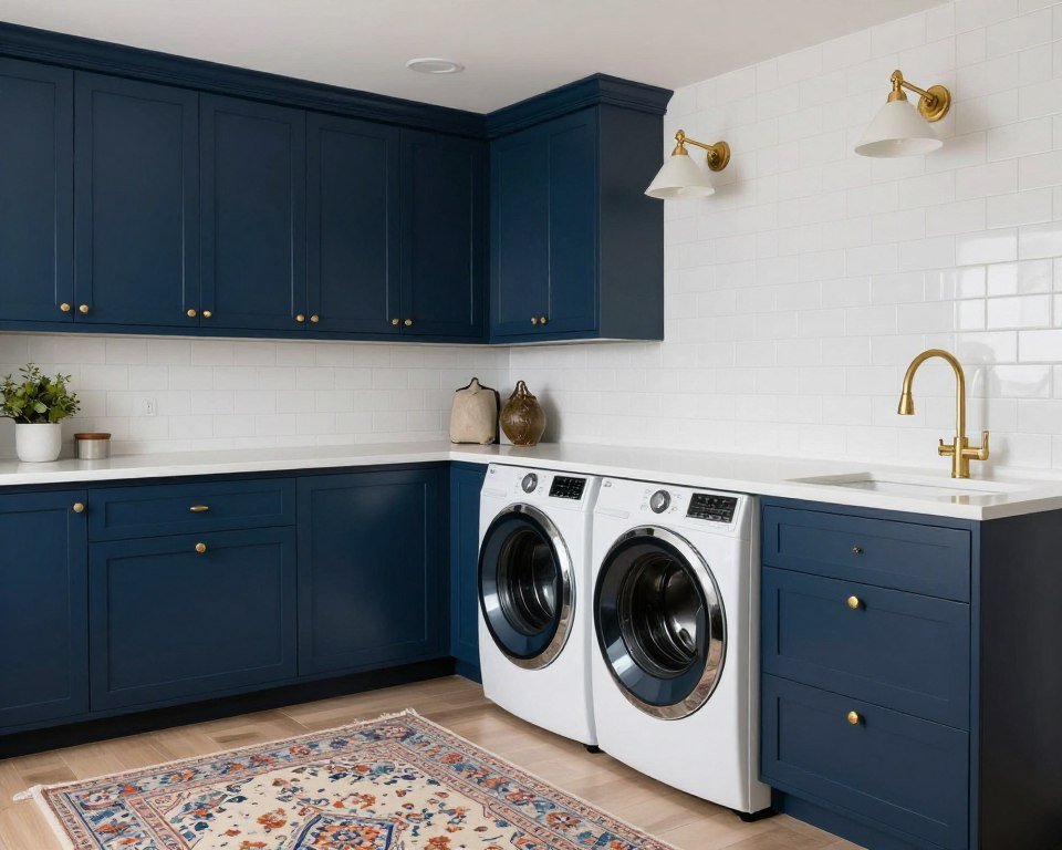 laundry room with navy blue and white color palette laundry room with navy blue and white color palette