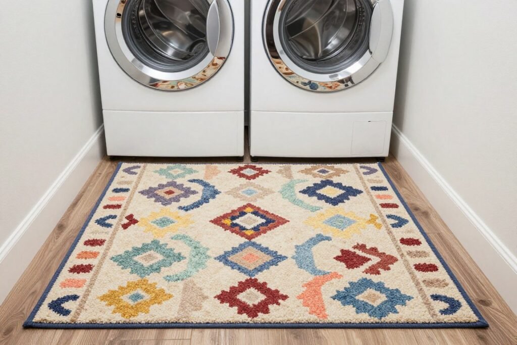 laundry room with patterned area rug in front of stacked washer dryer