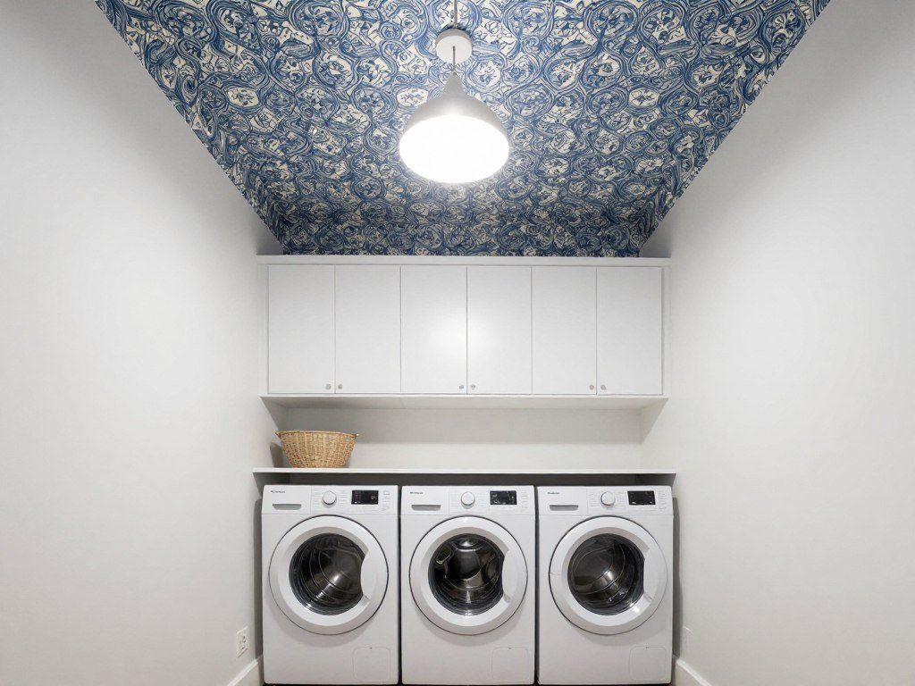 laundry room with patterned wallpaper on ceiling