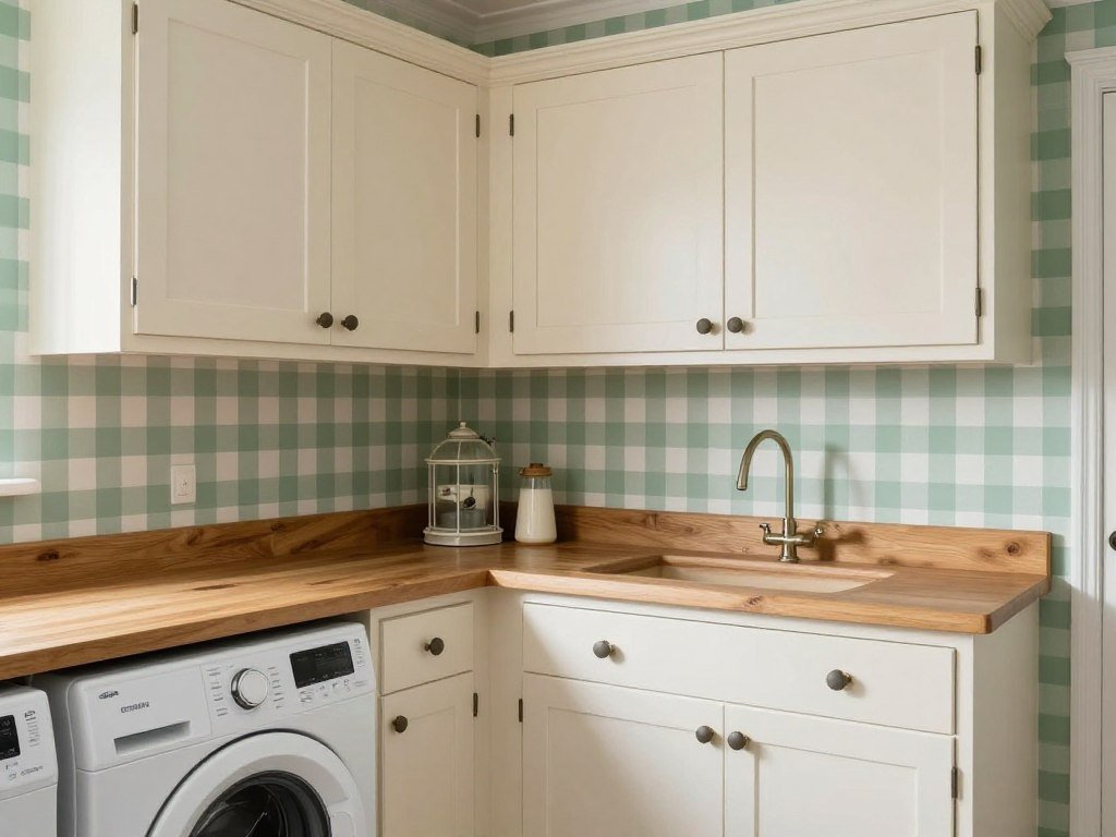 laundry room with sage green gingham check wallpaper