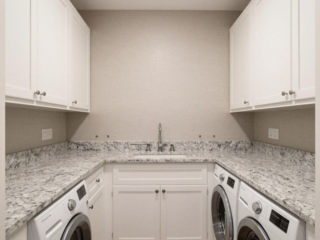 laundry room with simple wallpaper and patterned countertops