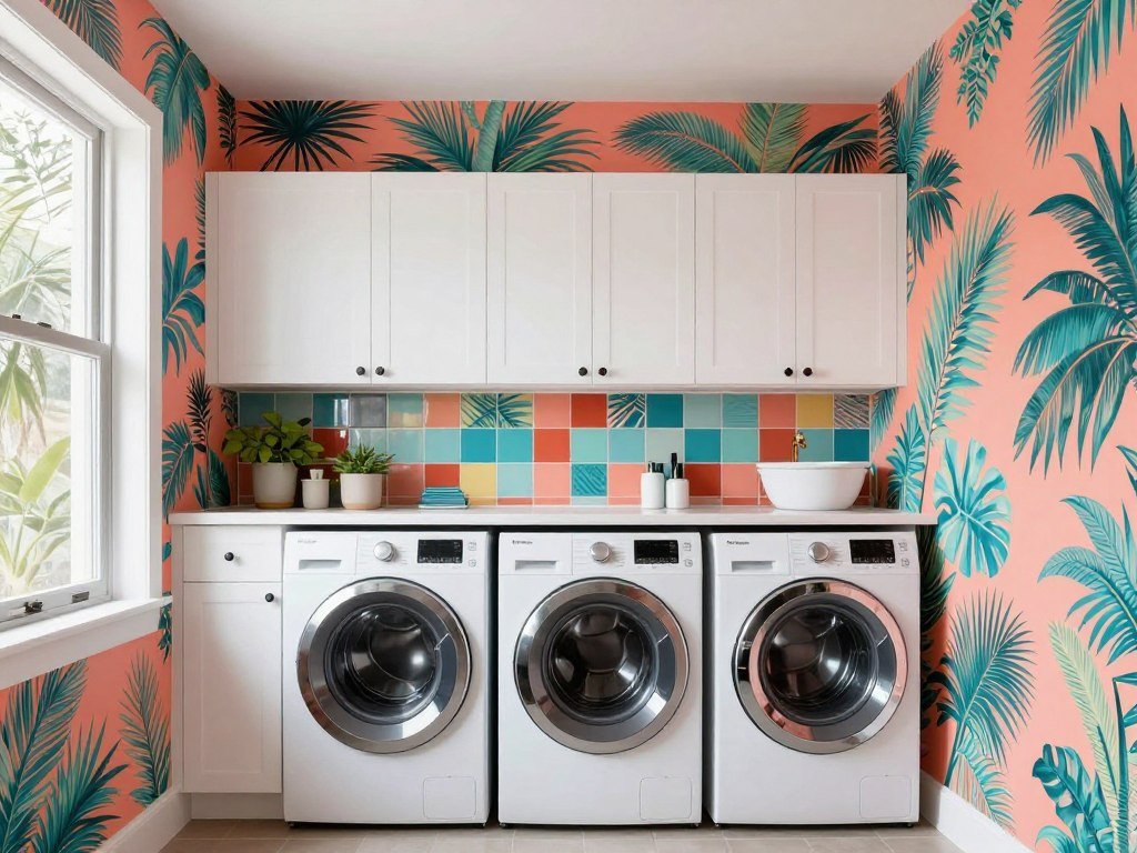 laundry room with vibrant tropical print wallpaper in coral and turquoise
