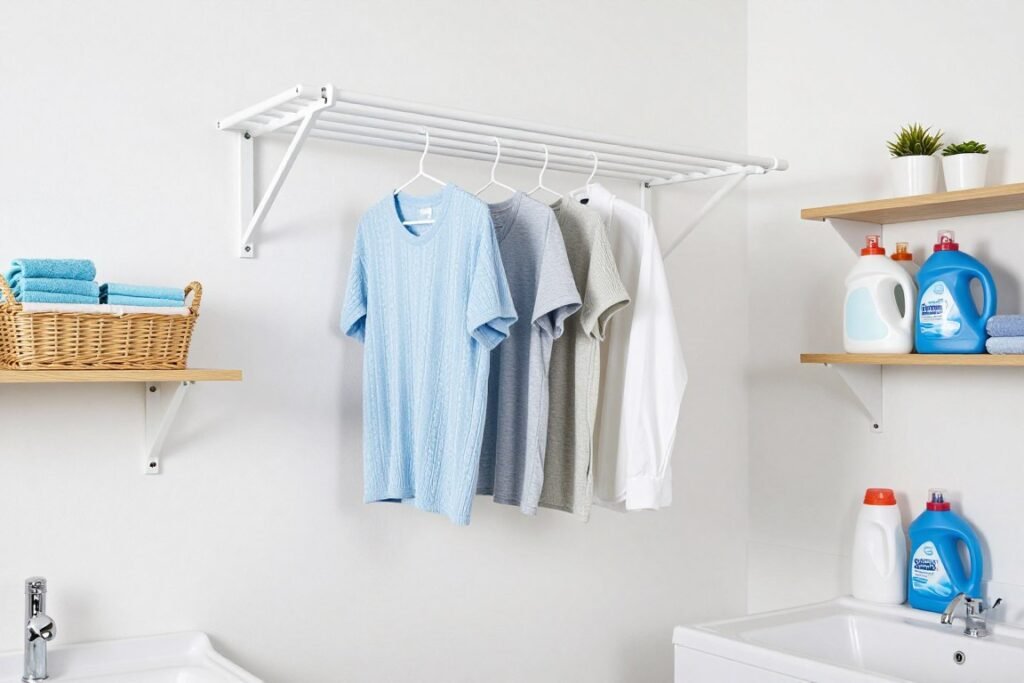 laundry room with wall-mounted accordion drying rack