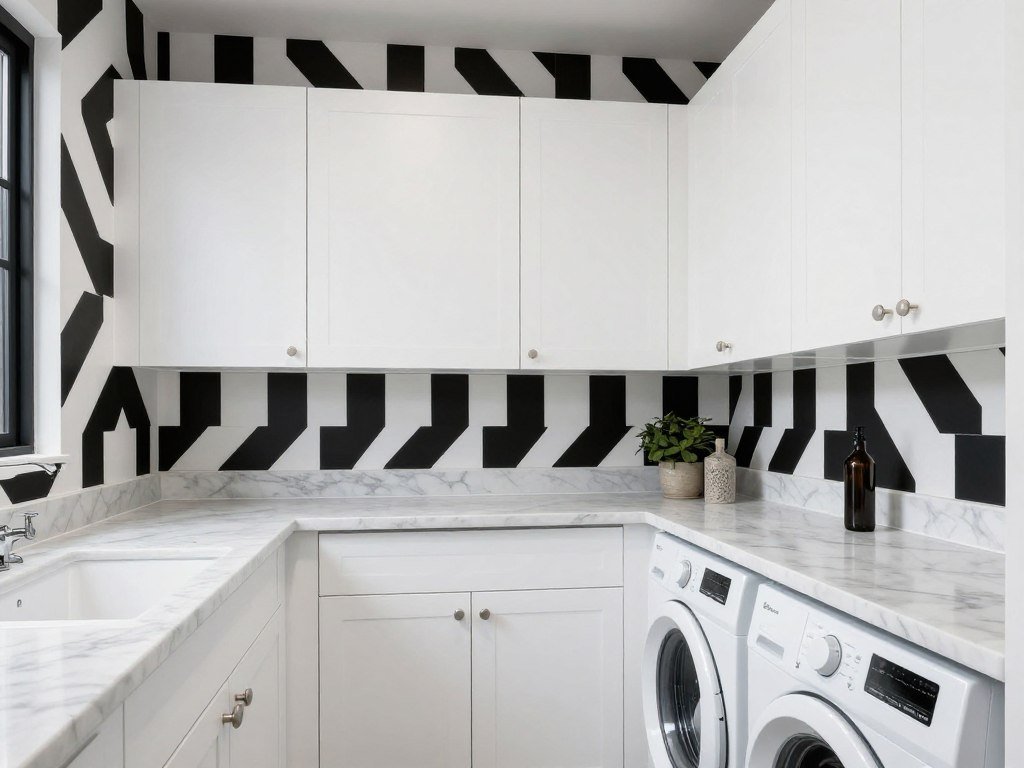 laundry room with white cabinets and bold pattern wallpaper