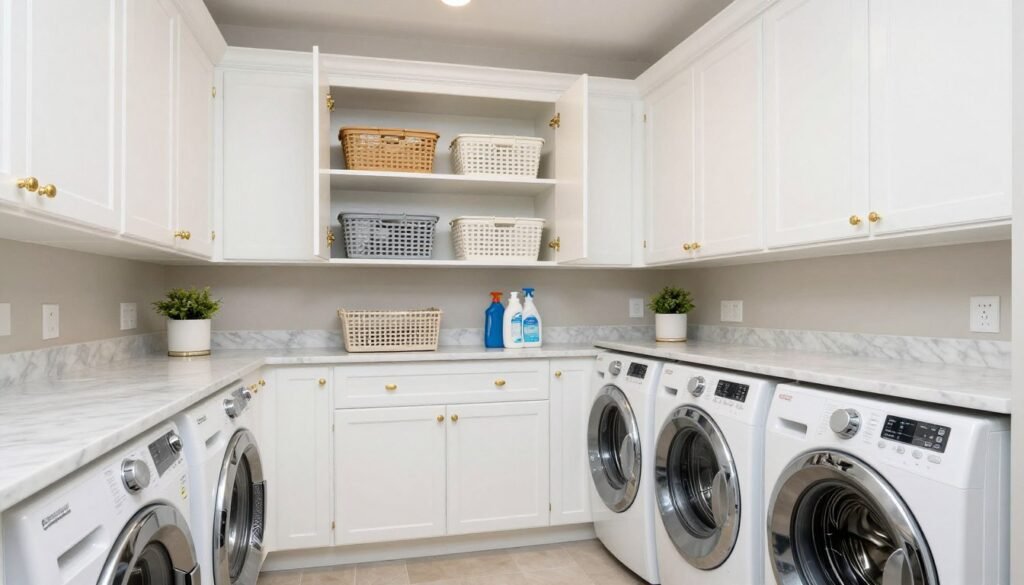 laundry room with white shaker cabinets and organized interior