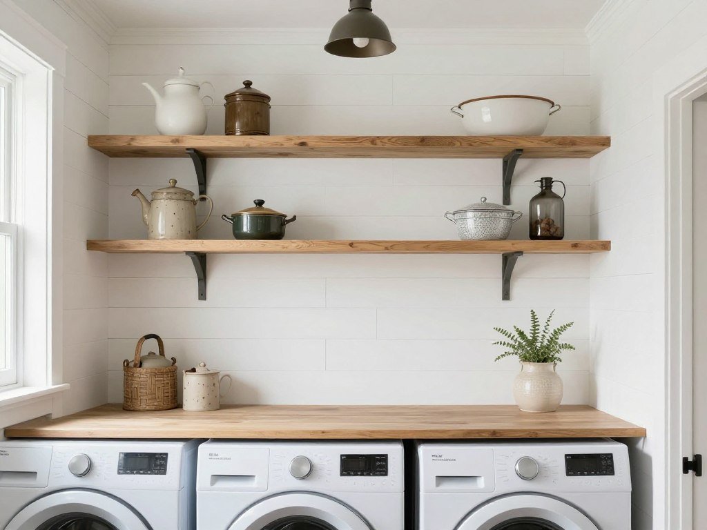 laundry room with wood grain shiplap pattern wallpaper