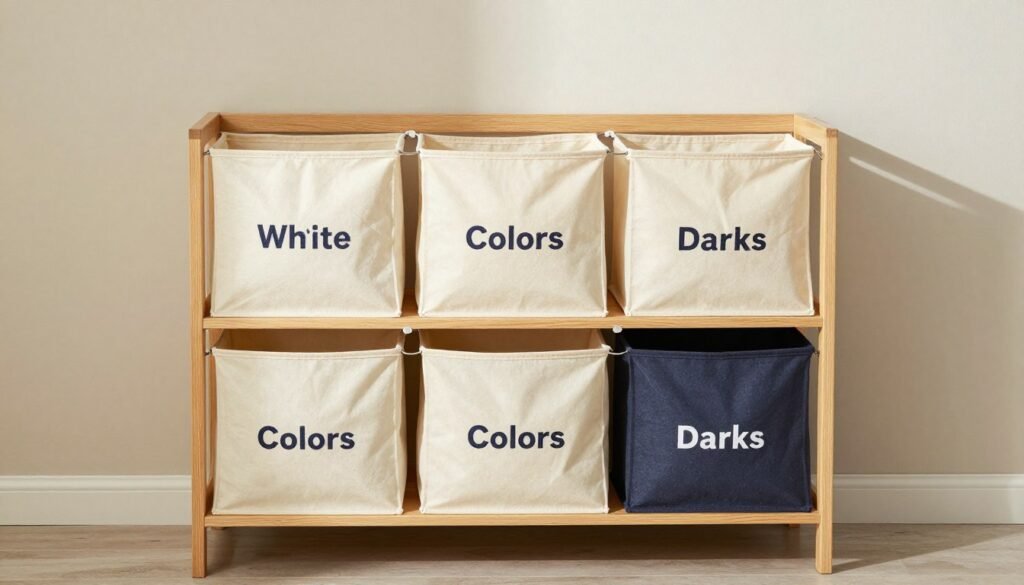 laundry sorting system with labeled baskets