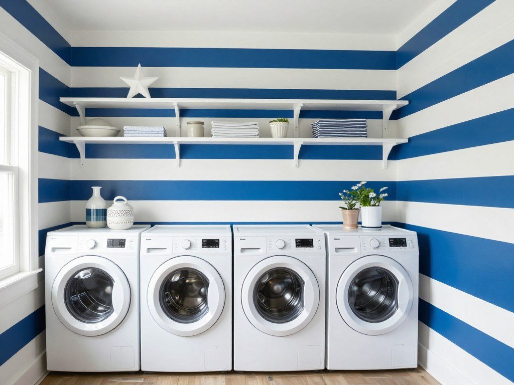 laundry space with bold blue and white horizontal stripe wallpaper