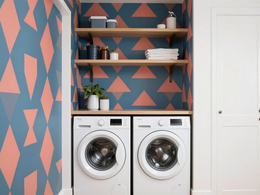 laundry space with modern triangular geometric wallpaper