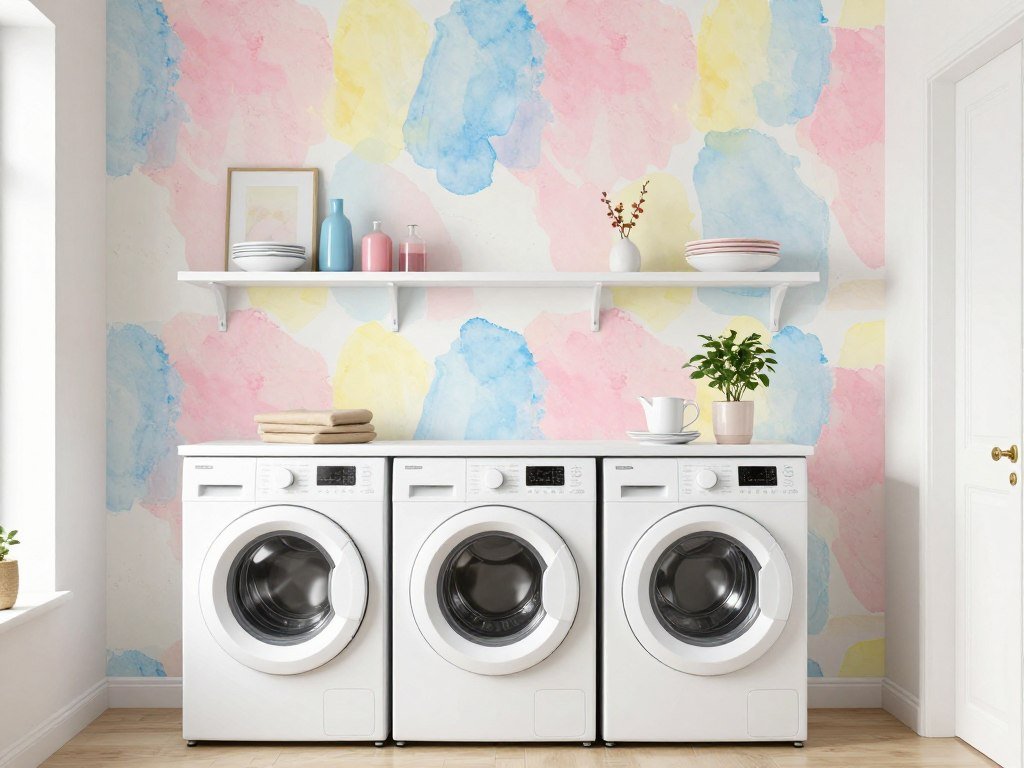 laundry space with multicolored abstract watercolor wallpaper