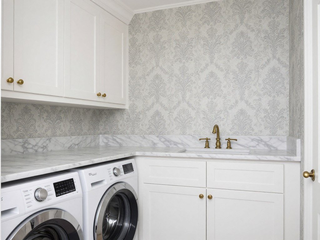 laundry space with vintage damask pattern wallpaper