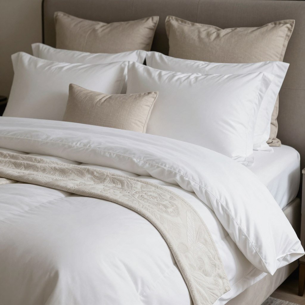 layered bedding with duvet, quilts, and decorative pillows