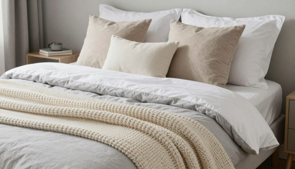 layered bedding with throw blanket and decorative pillows in small bedroom