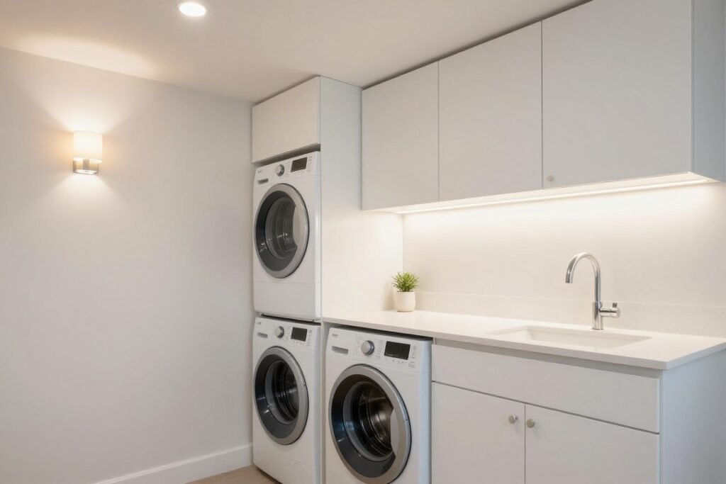 layered lighting design in small laundry room with stacked washer dryer