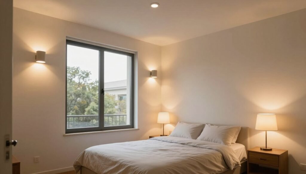 layered lighting in very small bedroom with natural light and multiple light sources