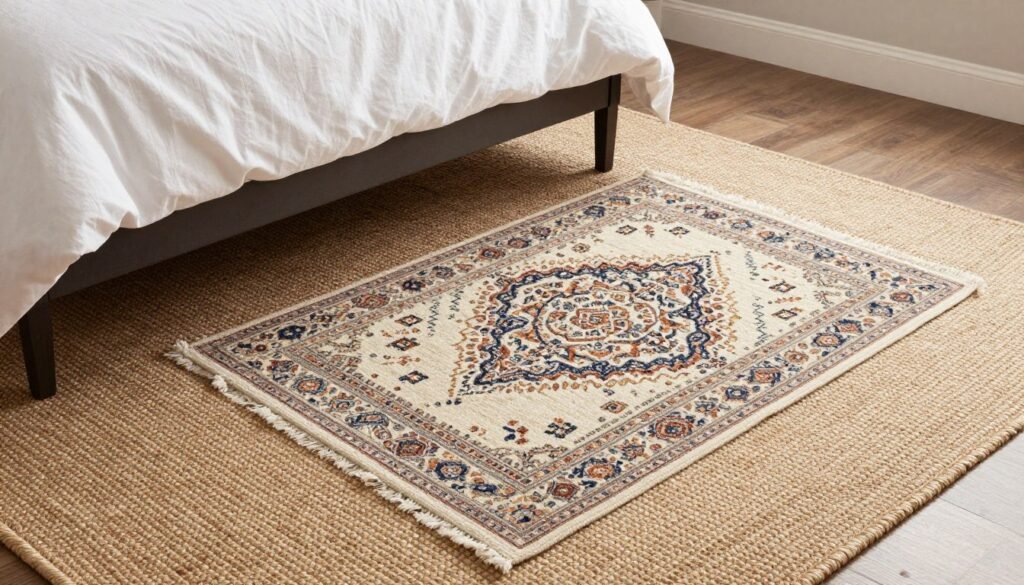 layered rugs in guest bedroom creating texture and warmth