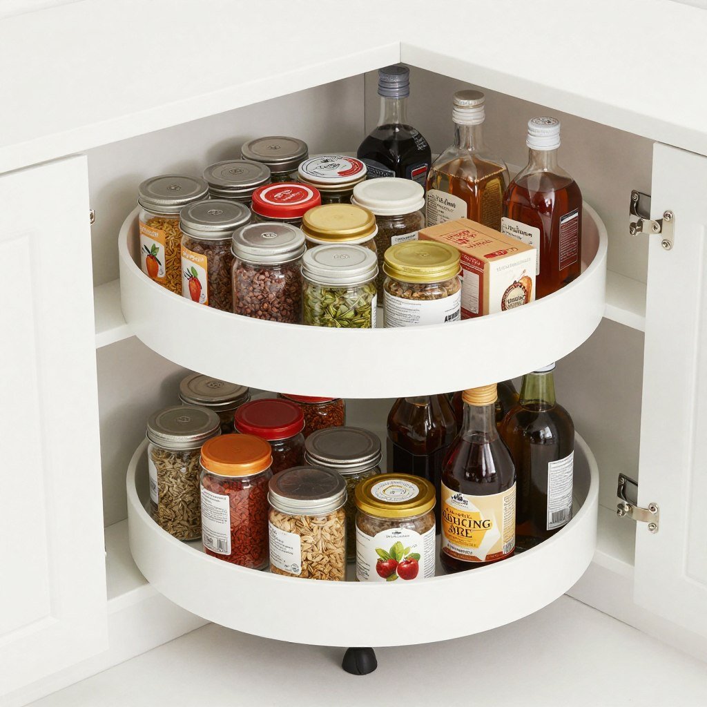 lazy susan corner cabinet organizer filled with spices and canned goods lazy susan corner cabinet organizer filled with spices and canned goods
