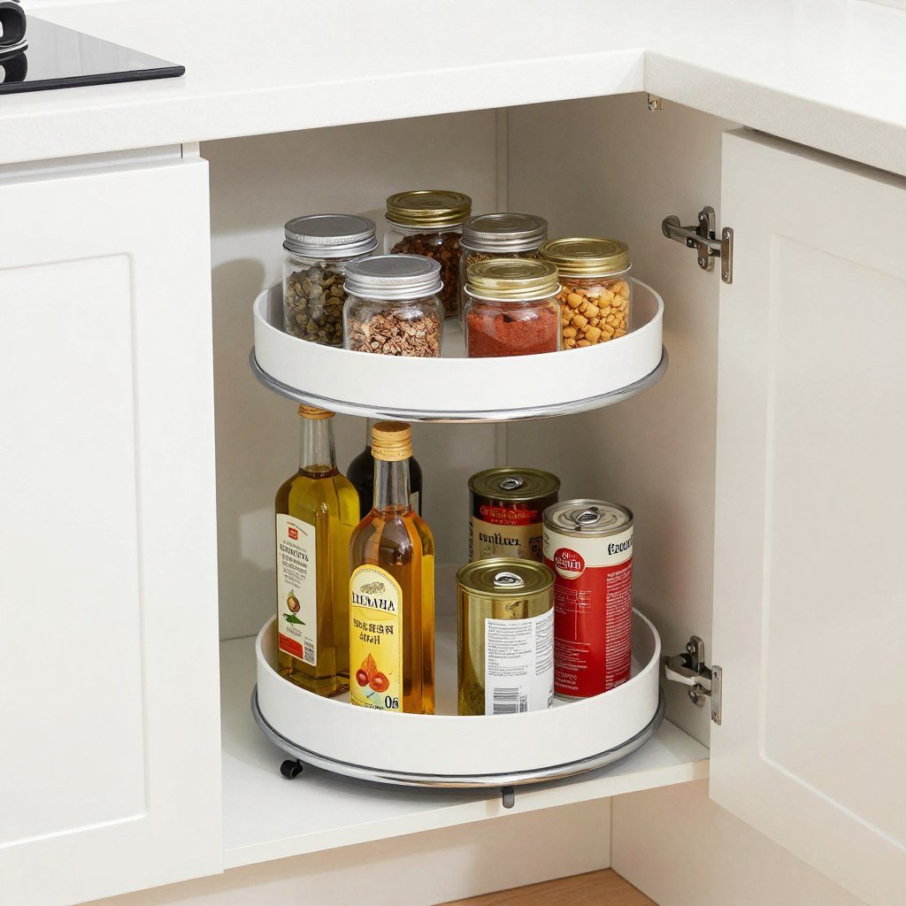 lazy susan turntable in corner cabinet organizing items