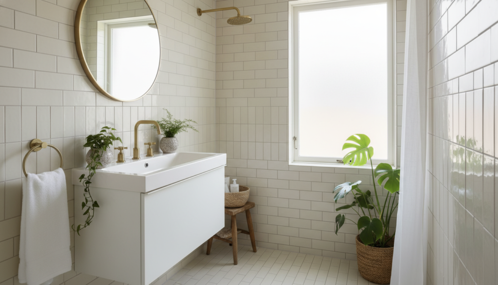 light colored bathroom tiles in soft neutral tones creating airy atmosphere