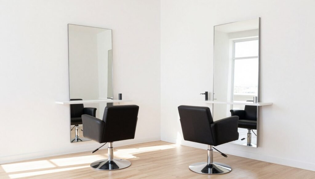 light-colored small salon suite with reflective surfaces and mirrors