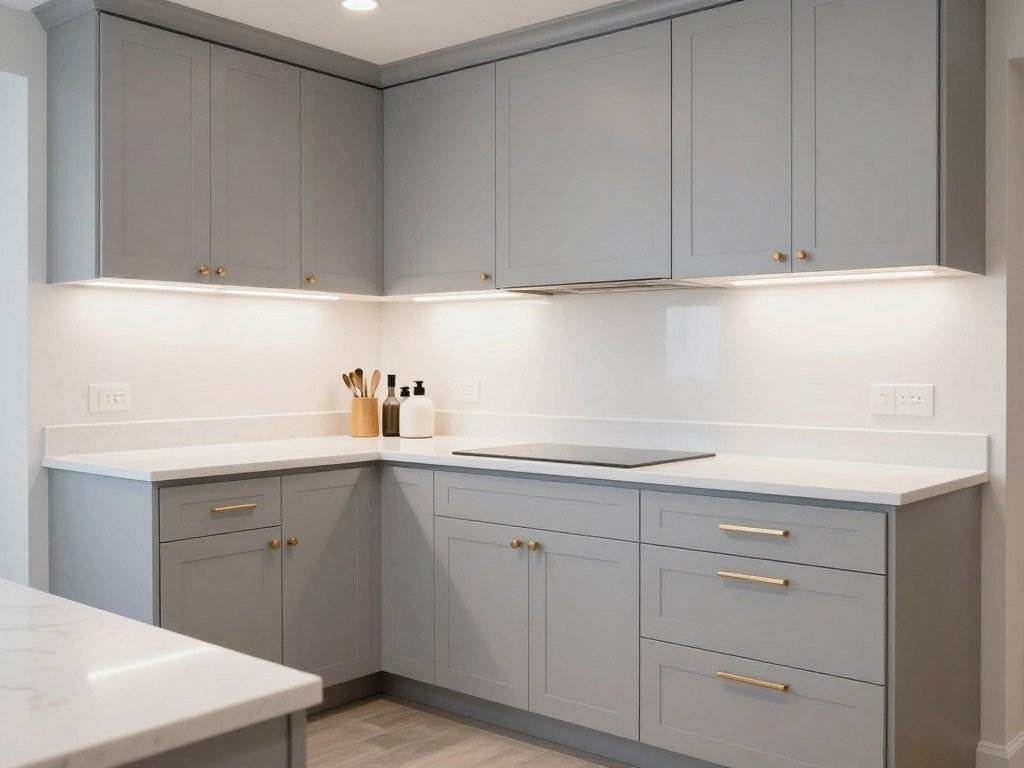 light gray cabinets in small kitchen with white countertops and modern hardware