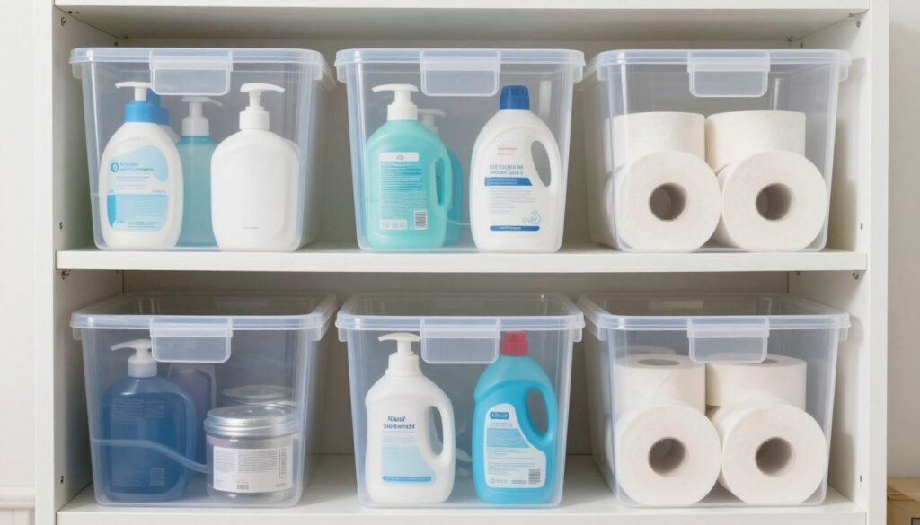 linen closet shelves with clear storage bins