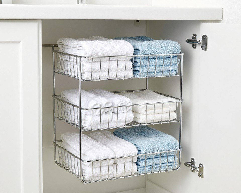 linen closet with wire basket storage