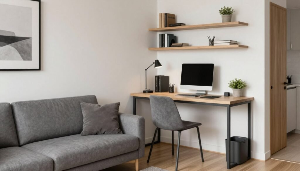 living room doubling as home office with desk area