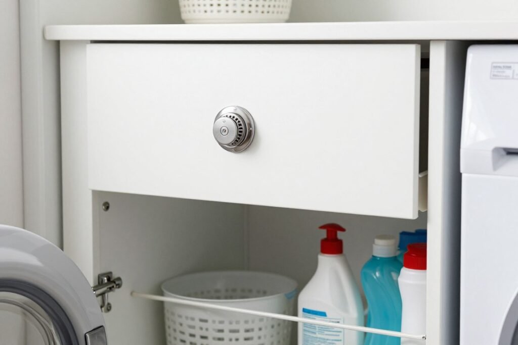 locked cabinet with cleaning supplies