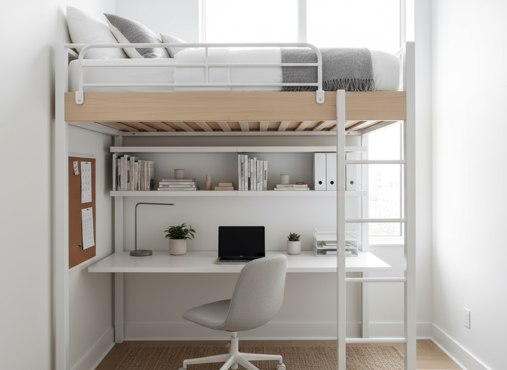 loft bed in very small bedroom with desk and storage underneath
