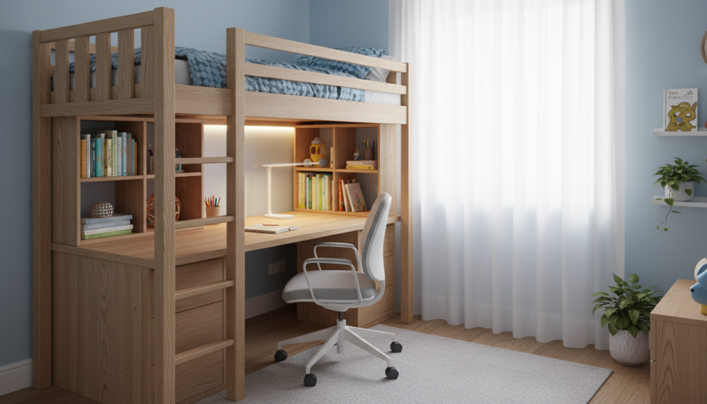 loft bed with desk underneath in small kids bedroom