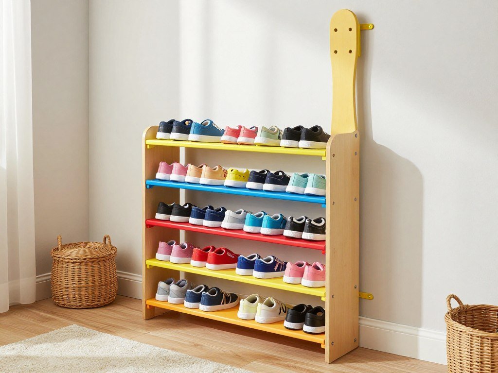 low height shoe rack for children in mudroom