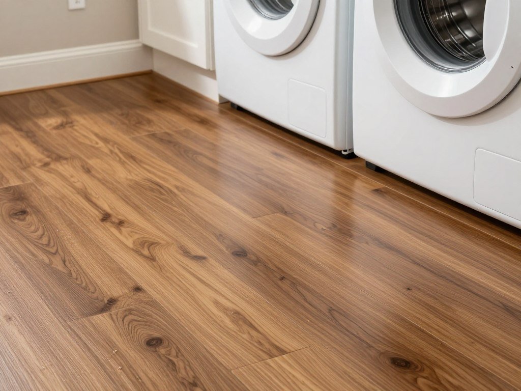 luxury vinyl plank flooring in laundry room with washer and dryer