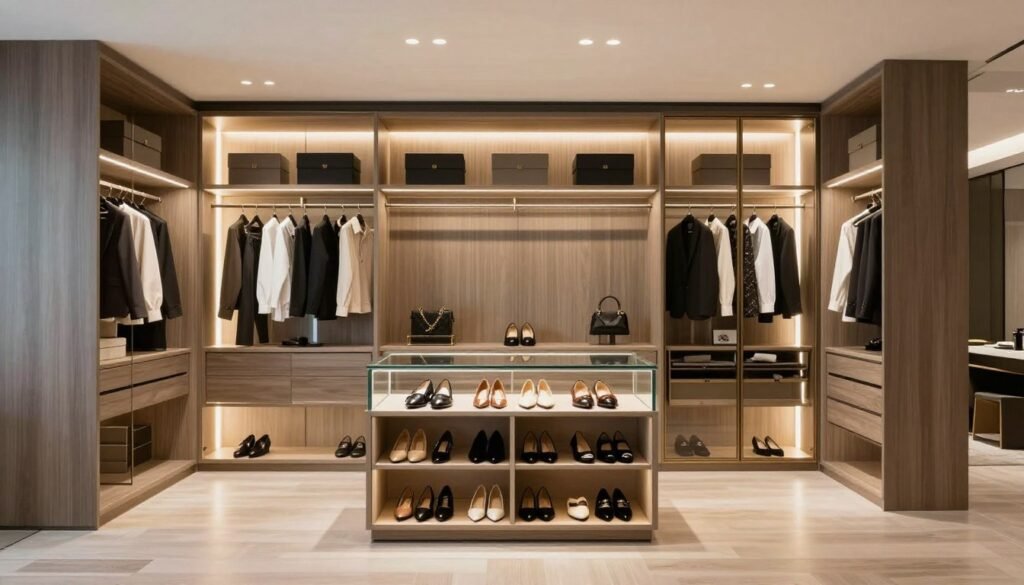 luxury walk-in closet with custom shoe storage and lighting