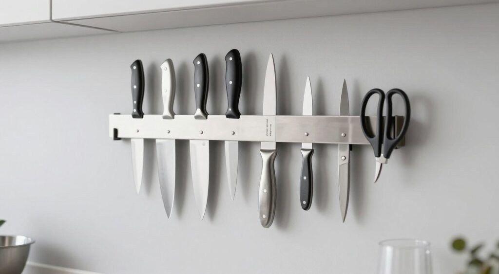 magnetic knife strip mounted on wall holding kitchen knives