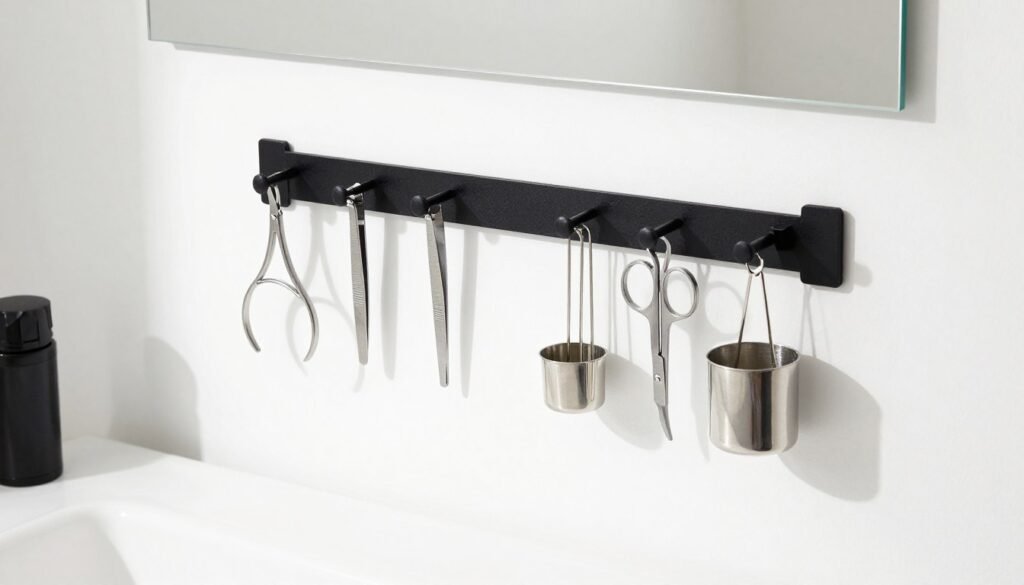 magnetic strip on bathroom wall holding metal grooming tools