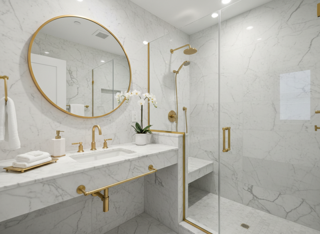 marble tile creating luxurious atmosphere in compact bathroom